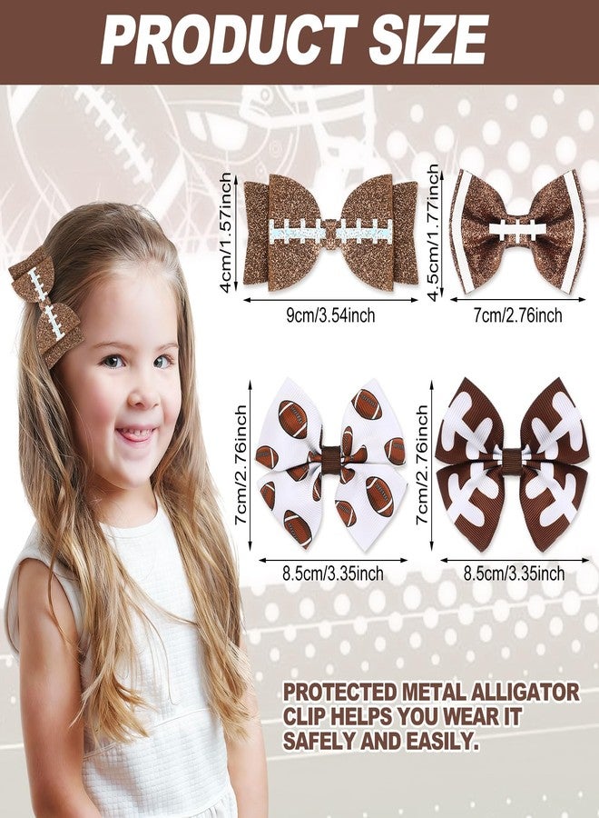 Suncalla 8 Pcs Football Hair Bow Clips Brown and White Cheer Football Bow Hair Clips Glitter Sports Game Clothing Bowknot Accessories Supplies Women Party Outfit - Image 2